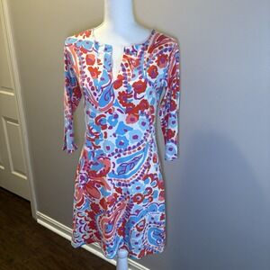 Barbara Gerwit Vintage Red Blue Orange‎ Paisley Print Tunic V-Neck Dress Size S